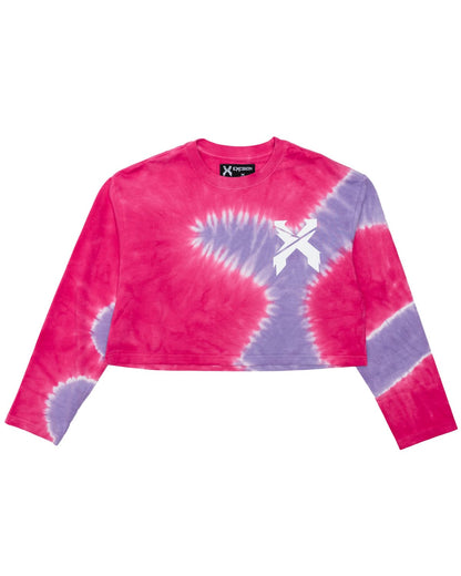 Sliced Logo Women's Long Sleeve Cropped Tee (Pink/Purple Tie Dye) - Excision