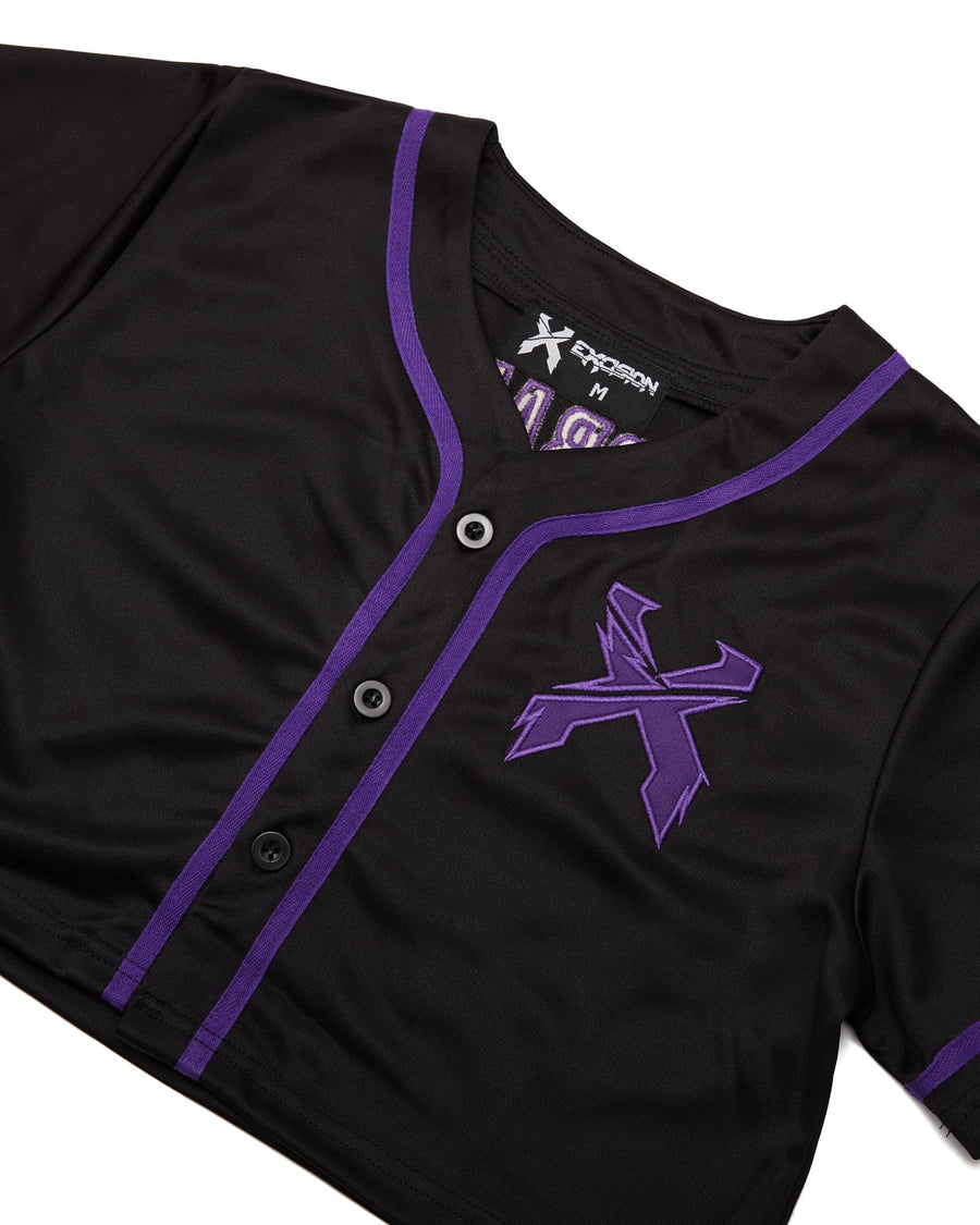 Headbanger Women's Crop Top Baseball Jersey (Black/Purple)