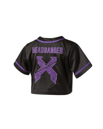 Headbanger Women's Crop Top Baseball Jersey (Black/Purple)