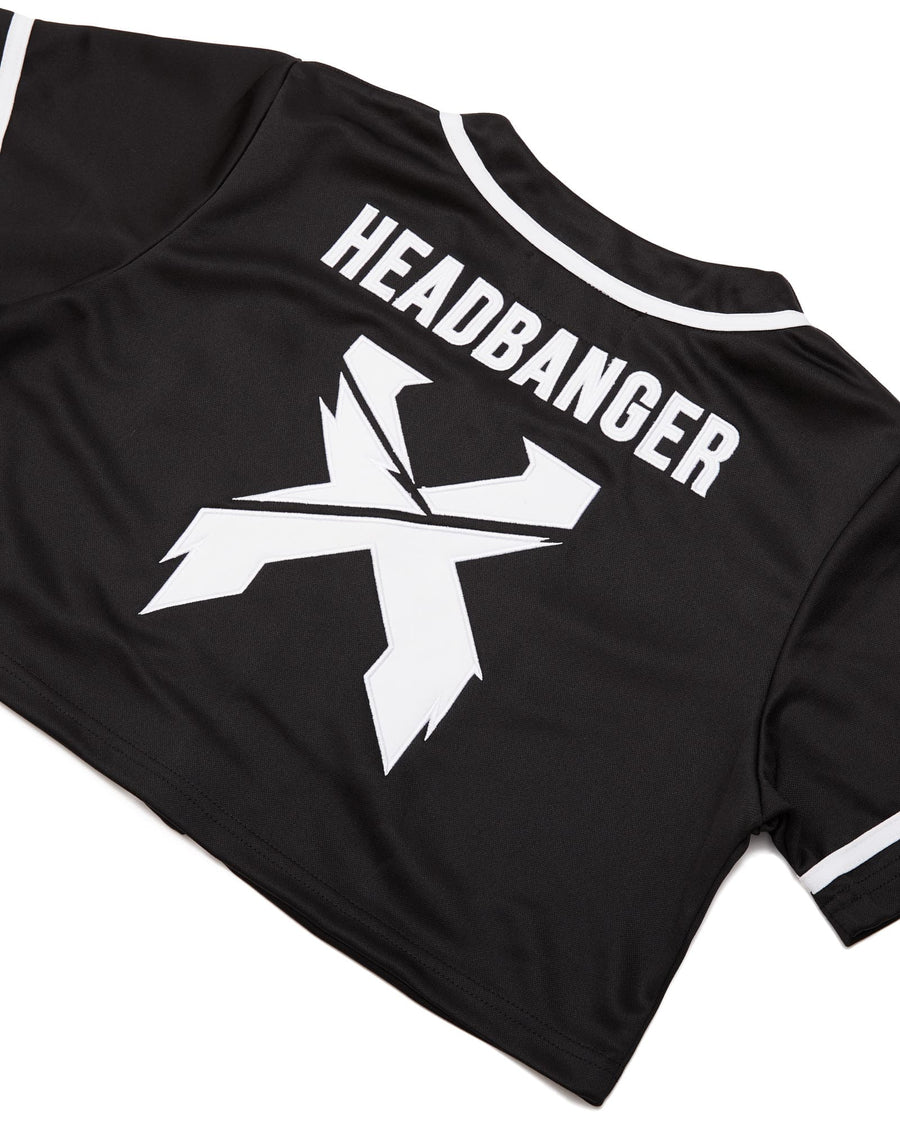 Headbanger Women's Crop Top Baseball Jersey (Black/White)