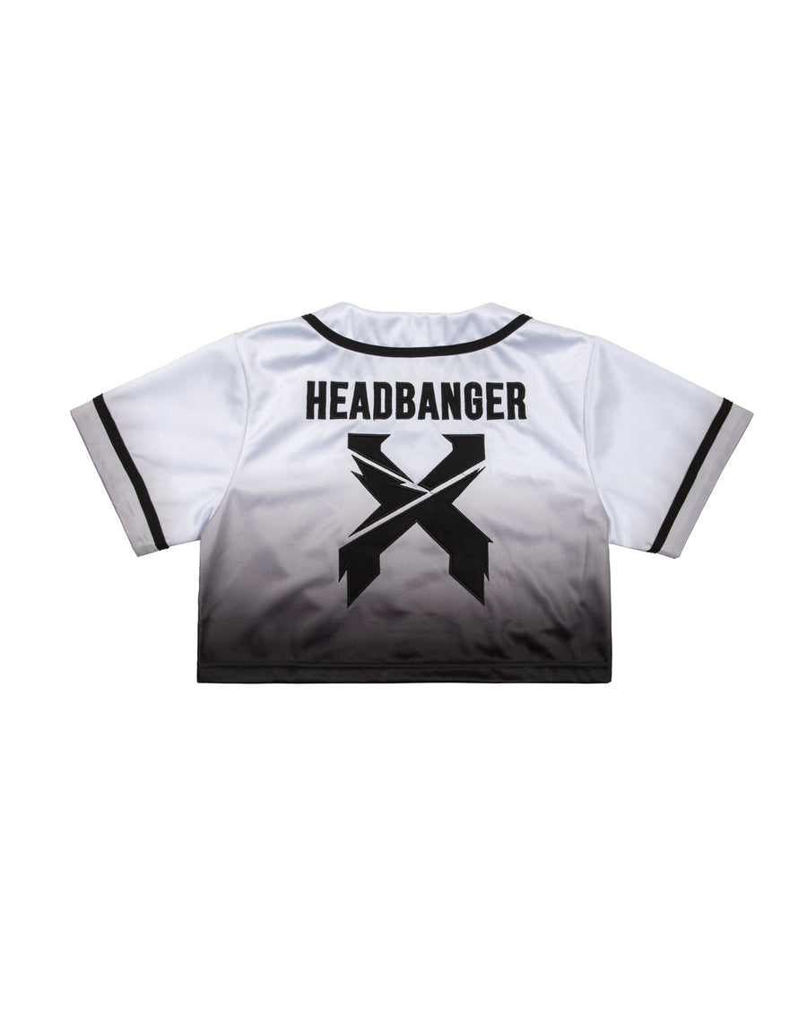 Headbanger Women's Crop Top Baseball Jersey (White/Black Gradient)